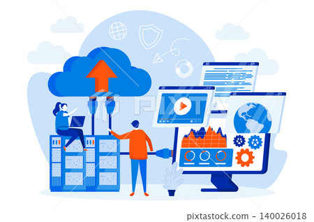 Hosting provider web design concept with people characters. Hosting engineers work scene. Website hosting service composition in flat style. Vector illustration for social media promotional materials. 140026018