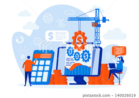 Financial management web design with people characters. Financial audit and accounting scene. Budget calculating composition in flat style. Vector illustration for social media promotional materials. Financial management web design with people characters. Financial audit and accounting scene. Budget calculating composition in flat style. Vector illustration for social media promotional materials. 140026019