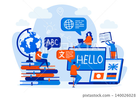 Language courses web design with people characters. Students learning foreign languages scene. Online education composition in flat style. Vector illustration for social media promotional materials. Language courses web design with people characters. Students learning foreign languages scene. Online education composition in flat style. Vector illustration for social media promotional materials. 140026028