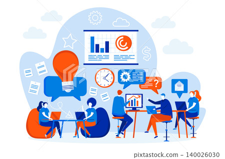 Open space office web design with people characters. Colegues togeather work in office scene. Coworking space composition in flat style. Vector illustration for social media promotional materials. Open space office web design with people characters. Colegues togeather work in office scene. Coworking space composition in flat style. Vector illustration for social media promotional materials. 140026030