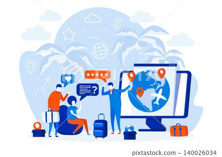 Travel agency web design with people characters. Tour manager consulting clients scene. Flight booking service composition in flat style. Vector illustration for social media promotional materials. 140026034