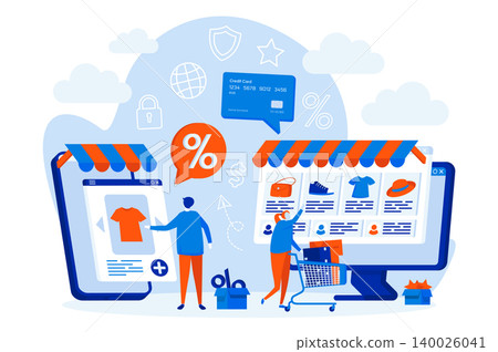 E-commerce web design concept with people characters. Customers shopping online scene. E-commerce distribution composition in flat style. Vector illustration for social media promotional materials. E-commerce web design concept with people characters. Customers shopping online scene. E-commerce distribution composition in flat style. Vector illustration for social media promotional materials. 140026041