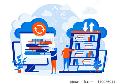 Cloud library web design concept with people characters. People choose online books scene. E-library service composition in flat style. Vector illustration for social media promotional materials. Cloud library web design concept with people characters. People choose online books scene. E-library service composition in flat style. Vector illustration for social media promotional materials. 140026043