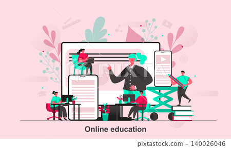 Online education web concept design in flat style. Students learning online scene visualization. Professional courses and webinars. Vector illustration with tiny people characters in life situation. Online education web concept design in flat style. Students learning online scene visualization. Professional courses and webinars. Vector illustration with tiny people characters in life situation. 140026046