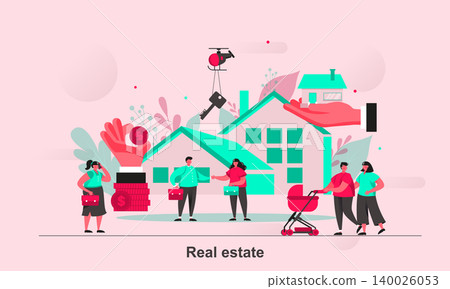 Real estate web concept design in flat style. Real property purchase, rent and mortgage scene visualization. Real estate agency ad. Vector illustration with tiny people characters in life situation. Real estate web concept design in flat style. Real property purchase, rent and mortgage scene visualization. Real estate agency ad. Vector illustration with tiny people characters in life situation. 140026053