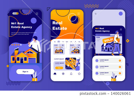 Real estate unique design kit for social networks stories. Real estate agency, realting platform mobile screen templates for app. UI UX layouts vector illustration. GUI set with people characters. Real estate unique design kit for social networks stories. Real estate agency, realting platform mobile screen templates for app. UI UX layouts vector illustration. GUI set with people characters. 140026061