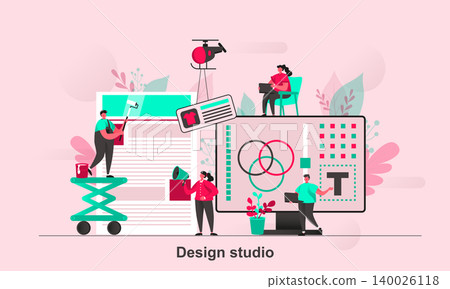 Design studio web concept design in flat style. Designers teamwork with web project scene visualization. Creative agency workshop. Vector illustration with tiny people characters in life situation. Design studio web concept design in flat style. Designers teamwork with web project scene visualization. Creative agency workshop. Vector illustration with tiny people characters in life situation. 140026118