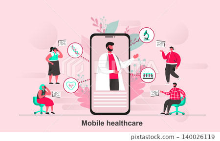 Mobile healthcare web design in flat style. Clinical doctor chatting with patients by smartphone scene visualization. Online medical help. Vector illustration with tiny people characters in situation. Mobile healthcare web design in flat style. Clinical doctor chatting with patients by smartphone scene visualization. Online medical help. Vector illustration with tiny people characters in situation. 140026119
