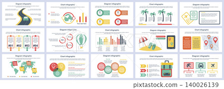 Bundle travel vacation infographics presentation slides template. Different charts, diagram, workflow, flowchart, timeline, schemes, graphs design template. Vector info graphic and infographics set. Bundle travel vacation infographics presentation slides template. Different charts, diagram, workflow, flowchart, timeline, schemes, graphs design template. Vector info graphic and infographics set. 140026139