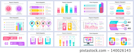 Bundle business and finance infographics presentation slides template. Different charts, diagrams, workflow, flowchart, timeline, schemes design template. Vector info graphic and infographics set. 140026143