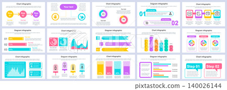 Bundle business and finance infographics presentation slides template. Different charts, diagrams, workflow, flowchart, timeline, schemes design template. Vector info graphic and infographics set. 140026144