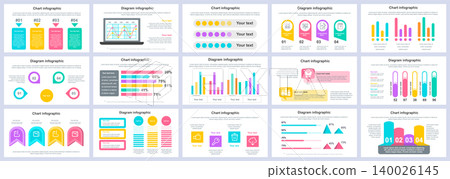 Bundle business and finance infographics presentation slides template. Different charts, diagrams, workflow, flowchart, timeline, schemes design template. Vector info graphic and infographics set. 140026145