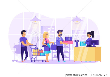 People shopping in store scene. Men and women holding purchases queuing up at checkout. Cashier in clothing and footwear shop. Retail, sale concept. Vector illustration of characters in flat design People shopping in store scene. Men and women holding purchases queuing up at checkout. Cashier in clothing and footwear shop. Retail, sale concept. Vector illustration of characters in flat design 140026173