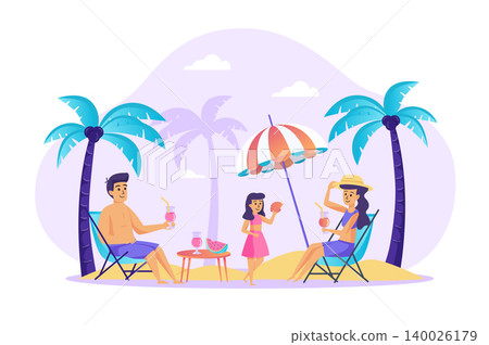 Family resting at beach scene. Father and mother sit at loungers, drinking cocktails, daughter plays on sandy shore. Summer vacation concept. Vector illustration of people characters in flat design 140026179