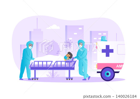 Coronavirus patient is hospitalized by ambulance scene. Doctors in protective suits and medical masks. Covid-19 treatment at clinic concept. Vector illustration of people characters in flat design Coronavirus patient is hospitalized by ambulance scene. Doctors in protective suits and medical masks. Covid-19 treatment at clinic concept. Vector illustration of people characters in flat design 140026184