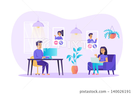 Video conference concept. Man and woman meeting with colleagues, relatives or friends via video calling scene. Online communication technology. Vector illustration of people characters in flat design Video conference concept. Man and woman meeting with colleagues, relatives or friends via video calling scene. Online communication technology. Vector illustration of people characters in flat design 140026191