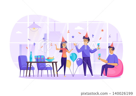 Happy friends celebrate holiday at party scene. Men and women in hats dancing, drinking, having fun. Holidays, birthday, festive event concept. Vector illustration of people characters in flat design Happy friends celebrate holiday at party scene. Men and women in hats dancing, drinking, having fun. Holidays, birthday, festive event concept. Vector illustration of people characters in flat design 140026199