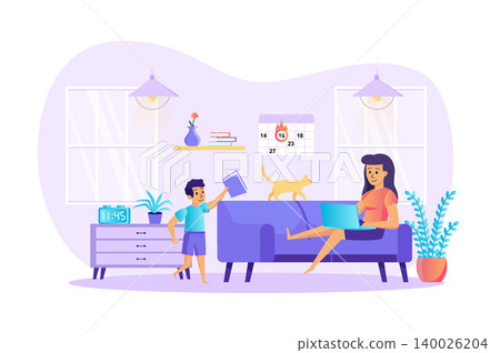 Remote work disadvantages scene. Mom works remotely on laptop, son distracts her. Stress at home office, deadline failure, work late concept. Vector illustration of people characters in flat design Remote work disadvantages scene. Mom works remotely on laptop, son distracts her. Stress at home office, deadline failure, work late concept. Vector illustration of people characters in flat design 140026204