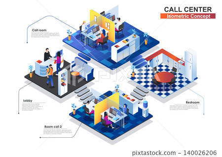 Call center interior isometric concept. People characters work at lobby, two call rooms, restrooms. Customer support at office, hotline, phone assistants scenes. Vector flat illustration in 3d design Call center interior isometric concept. People characters work at lobby, two call rooms, restrooms. Customer support at office, hotline, phone assistants scenes. Vector flat illustration in 3d design 140026206