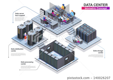 Data center interior isometric concept. Scenes of people characters working in departments: server tech support, storage, distribution or processing centers. Vector flat illustration in 3d design Data center interior isometric concept. Scenes of people characters working in departments: server tech support, storage, distribution or processing centers. Vector flat illustration in 3d design 140026207