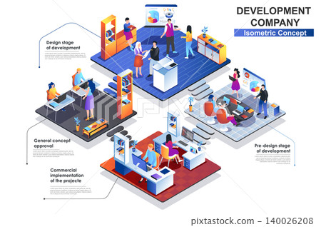 Development company interior isometric concept. Scenes of approval and design stages of project development. People characters working at different departments. Vector flat illustration in 3d design Development company interior isometric concept. Scenes of approval and design stages of project development. People characters working at different departments. Vector flat illustration in 3d design 140026208