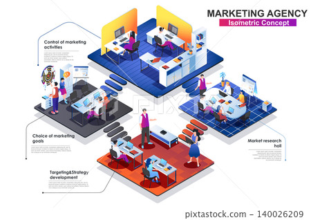 Marketing agency interior isometric concept. Scenes of market research, targeting, strategy develop, choice goals. People characters work at different department. Vector flat illustration in 3d design Marketing agency interior isometric concept. Scenes of market research, targeting, strategy develop, choice goals. People characters work at different department. Vector flat illustration in 3d design 140026209