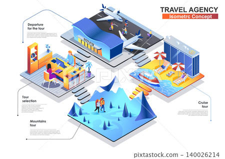 Travel agency isometric concept. Scenes of people characters choose tour, fly on trip, hiking in mountains or relaxing on cruise. Tourism and outdoor activities. Vector flat illustration in 3d design 140026214