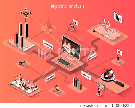 Big data analysis isometric web banner. Collection and analytics of business statistics info flat isometry concept. Market research 3d scene design. Vector illustration with tiny people characters Big data analysis isometric web banner. Collection and analytics of business statistics info flat isometry concept. Market research 3d scene design. Vector illustration with tiny people characters 140026226