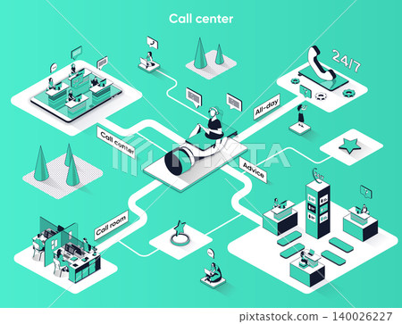 Call center isometric web banner. Hotline operators in office flat isometry concept. Online customer support consultation all day 3d scene design. Vector illustration with tiny people characters Call center isometric web banner. Hotline operators in office flat isometry concept. Online customer support consultation all day 3d scene design. Vector illustration with tiny people characters 140026227