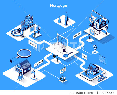 Mortgage isometric web banner. Real estate buying and banking services flat isometry concept. Credit loan on house, lending, payment 3d scene design. Vector illustration with tiny people characters Mortgage isometric web banner. Real estate buying and banking services flat isometry concept. Credit loan on house, lending, payment 3d scene design. Vector illustration with tiny people characters 140026238