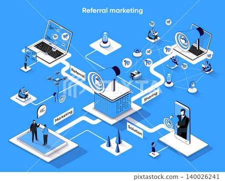Referral marketing isometric web banner. Refer a Friend flat isometry concept. Sharing business info, social media, loyal customers 3d scene design. Vector illustration with tiny people characters Referral marketing isometric web banner. Refer a Friend flat isometry concept. Sharing business info, social media, loyal customers 3d scene design. Vector illustration with tiny people characters 140026241