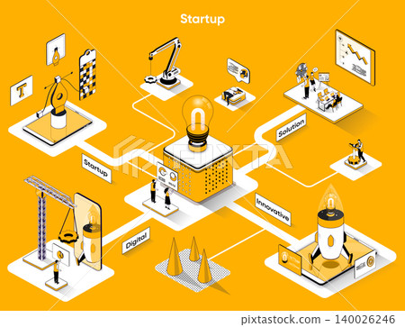 Startup isometric web banner. Innovation solution of business flat isometry concept. Development of new products or services, teamwork 3d scene design. Vector illustration with tiny people characters 140026246