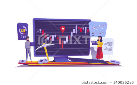 Cryptocurrency and finance web concept in flat style. People analyze candlestick chart, digital stock market trading, profit growth scene. Vector illustration of cartoon characters for website design 140026256