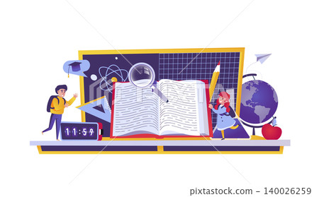 Education web concept in flat style. Children go to school, students studying at university, primary and higher education scene. Vector illustration of cartoon people characters for website design Education web concept in flat style. Children go to school, students studying at university, primary and higher education scene. Vector illustration of cartoon people characters for website design 140026259