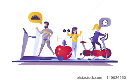 Fitness gym web concept in flat style. People doing activities at exercise machines, running on treadmill, healthy lifestyle scene. Vector illustration of cartoon characters for website design Fitness gym web concept in flat style. People doing activities at exercise machines, running on treadmill, healthy lifestyle scene. Vector illustration of cartoon characters for website design 140026260