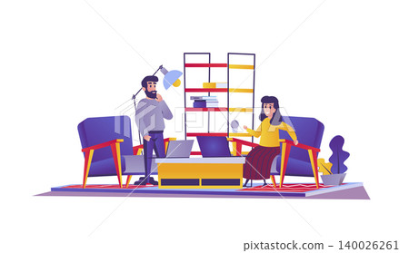 Freelance web concept in flat style. People working distantly at home office, remote workers, freelancers, self-employed occupation scene. Vector illustration of cartoon characters for website design 140026261