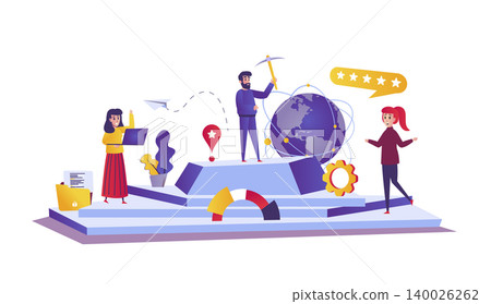 Leadership web concept in flat style. Business people working together, success career, project management, financial strategy scene. Vector illustration of cartoon characters for website design 140026262