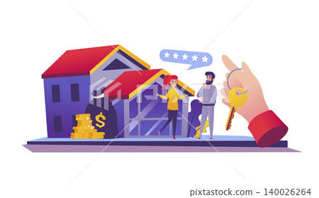 Mortgage loan web concept in flat style. People borrowers buying home, Manager gives key to family, bank credit for real estate scene. Vector illustration of cartoon characters for website design Mortgage loan web concept in flat style. People borrowers buying home, Manager gives key to family, bank credit for real estate scene. Vector illustration of cartoon characters for website design 140026264