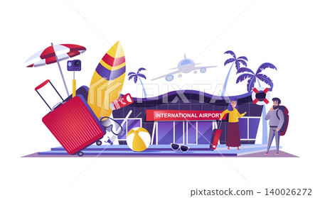 Travel vacation web concept in flat style. People with luggage at airport go on trip, summer holiday, traveling and tourism journey scene. Vector illustration of cartoon characters for website design 140026272