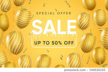 3d poster of Sale realistic design. Discount prices up to 50 percent off website background. Shopping, purchases, marketing promotion, save money concept. Vector illustration of advertising web banner 3d poster of Sale realistic design. Discount prices up to 50 percent off website background. Shopping, purchases, marketing promotion, save money concept. Vector illustration of advertising web banner 140026285