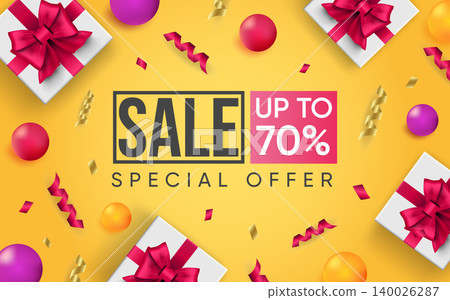3d poster of Sale up to 70 percent realistic design. Special Offer of discount price website background. Shopping, purchases, marketing promotion concept. Vector illustration of advertising web banner 140026287