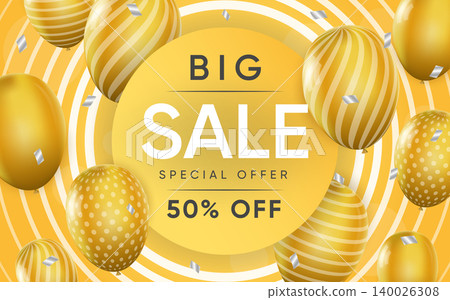 3d poster of Big Sale realistic design. Special offer to 50 percent off discount prices website background. Flyer template promotion and marketing tools. Vector illustration of advertising web banner 3d poster of Big Sale realistic design. Special offer to 50 percent off discount prices website background. Flyer template promotion and marketing tools. Vector illustration of advertising web banner 140026308