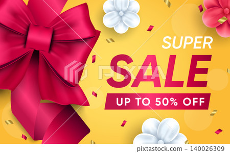 3d poster of Super Sale realistic design. Best offer to 50 percent off discount prices website background. Customer gifts, loyalty program, marketing. Vector illustration of advertising web banner 140026309