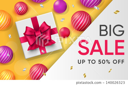 3d poster of Big Sale up to 50 percent off realistic design. Discount prices profitable offer website background. Attract new customers, loyalty program. Vector illustration of advertising web banner 3d poster of Big Sale up to 50 percent off realistic design. Discount prices profitable offer website background. Attract new customers, loyalty program. Vector illustration of advertising web banner 140026323