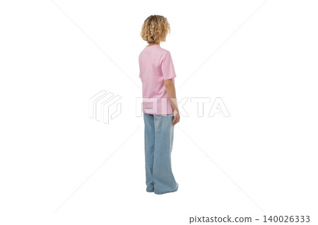 Model stands in casual wear showing shirt from behind, PNG Model stands in casual wear showing shirt from behind, PNG 140026333