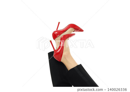 Woman showcases red high heels with legs raised up, PNG Woman showcases red high heels with legs raised up, PNG 140026336