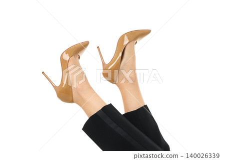 Woman is wearing stylish high heels with legs raised, PNG Woman is wearing stylish high heels with legs raised, PNG 140026339