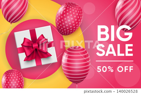 3d poster of Big Sale to 50 percent off with balloons in realistic design. Special offer discount prices website background. Customer loyalty program. Vector illustration of advertising web banner 3d poster of Big Sale to 50 percent off with balloons in realistic design. Special offer discount prices website background. Customer loyalty program. Vector illustration of advertising web banner 140026528