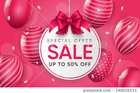 3d poster of Sale to 50 percent off label with bow in realistic design. Special offer discount prices website background with pink balloons. Save money. Vector illustration of advertising web banner 3d poster of Sale to 50 percent off label with bow in realistic design. Special offer discount prices website background with pink balloons. Save money. Vector illustration of advertising web banner 140026533