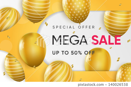 3d poster of Mega Sale with Special offer to 50 percent off in realistic design. Flyer template with discount price for website background with balloons. Vector illustration of advertising web banner 3d poster of Mega Sale with Special offer to 50 percent off in realistic design. Flyer template with discount price for website background with balloons. Vector illustration of advertising web banner 140026538